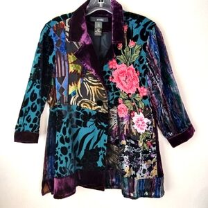 Ali Miles Velvet Blazer with Floral and Abstract Patterns Burnout Artsy Size PM